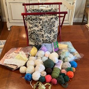 Vintage tapestry knitting basket caddy, foldable, bundle of wool odds & ends